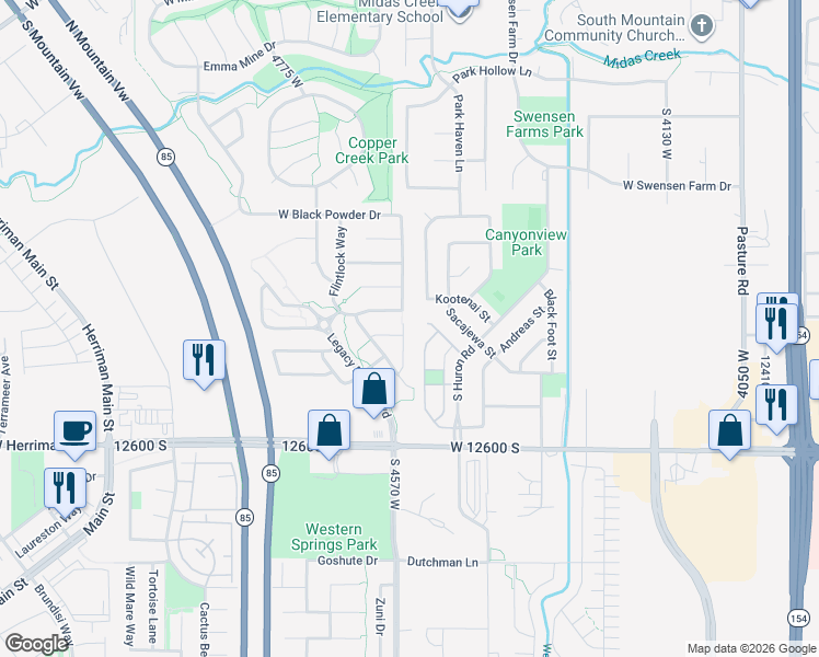 map of restaurants, bars, coffee shops, grocery stores, and more near 12432 Mayan Street in Riverton