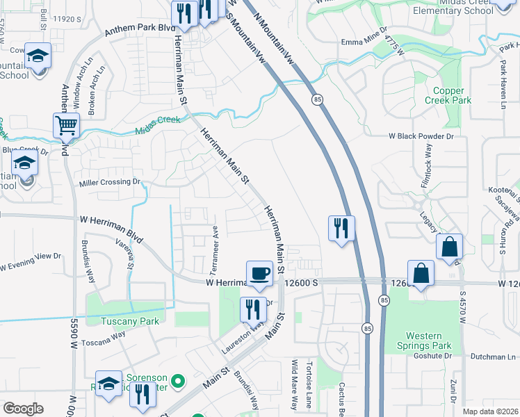 map of restaurants, bars, coffee shops, grocery stores, and more near 5107 West Tessitura Way in Herriman