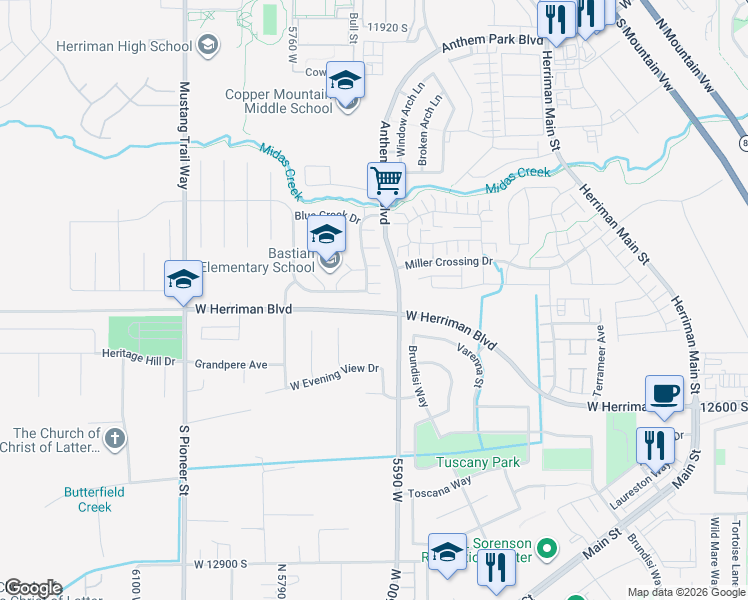 map of restaurants, bars, coffee shops, grocery stores, and more near 5637 West Santa Elena Cove in Herriman