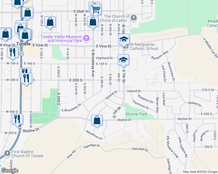 map of restaurants, bars, coffee shops, grocery stores, and more near 266 South 5th Street in Tooele