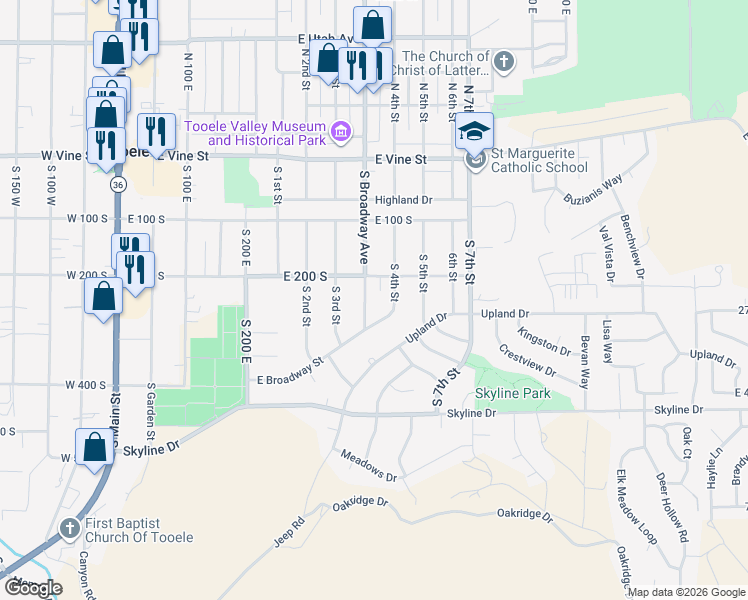 map of restaurants, bars, coffee shops, grocery stores, and more near 381 South 4th Street in Tooele