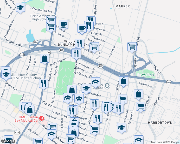 map of restaurants, bars, coffee shops, grocery stores, and more near 391 Alpine Street in Perth Amboy