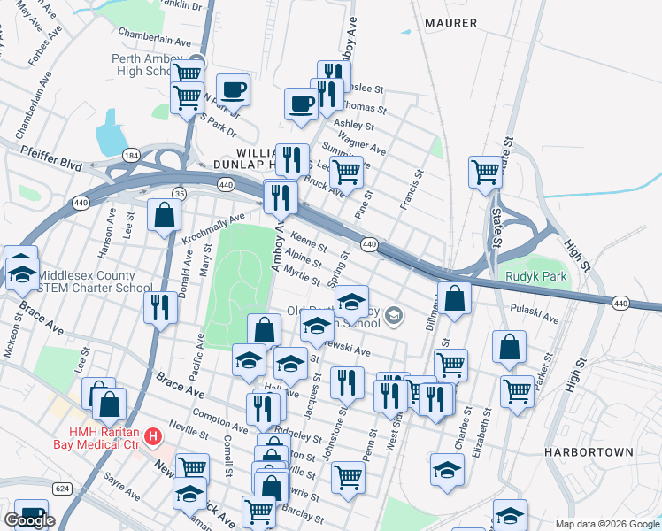 map of restaurants, bars, coffee shops, grocery stores, and more near 391 Alpine Street in Perth Amboy