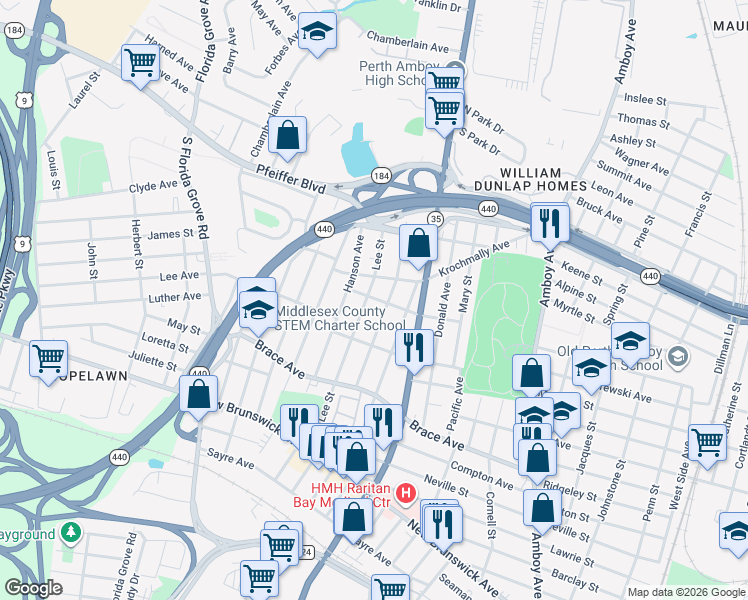 map of restaurants, bars, coffee shops, grocery stores, and more near 696 Lee Street in Perth Amboy
