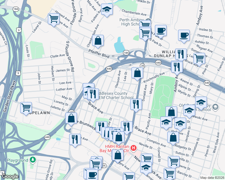 map of restaurants, bars, coffee shops, grocery stores, and more near 689 Hanson Avenue in Perth Amboy