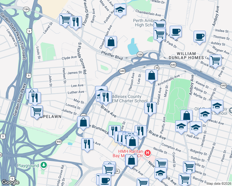 map of restaurants, bars, coffee shops, grocery stores, and more near 648 Colgate Avenue in Perth Amboy