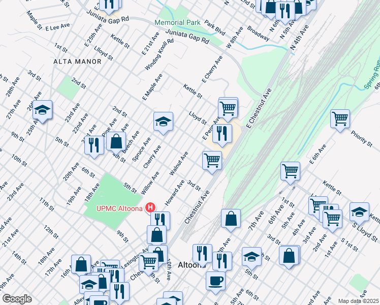 map of restaurants, bars, coffee shops, grocery stores, and more near 1414-18 2nd Street in Altoona