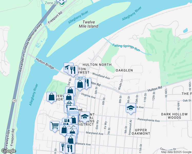 map of restaurants, bars, coffee shops, grocery stores, and more near 403 Hulton Road in Oakmont