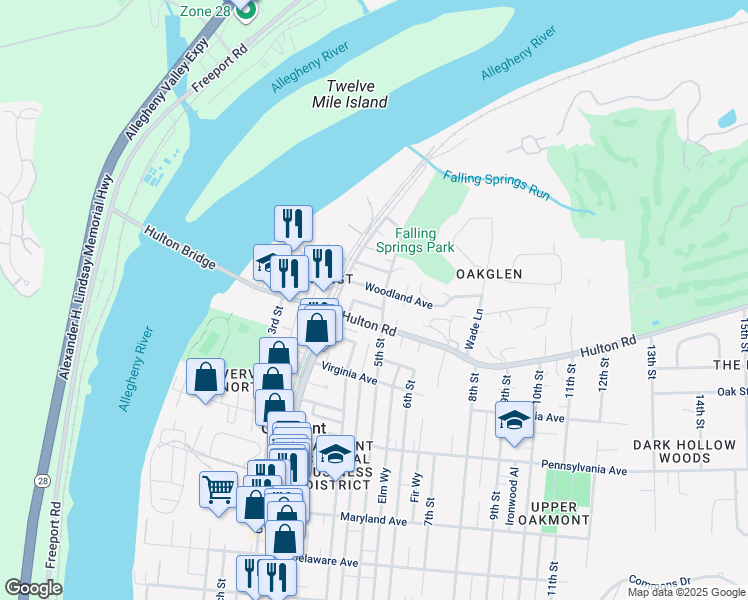 map of restaurants, bars, coffee shops, grocery stores, and more near 403 Hulton Road in Oakmont