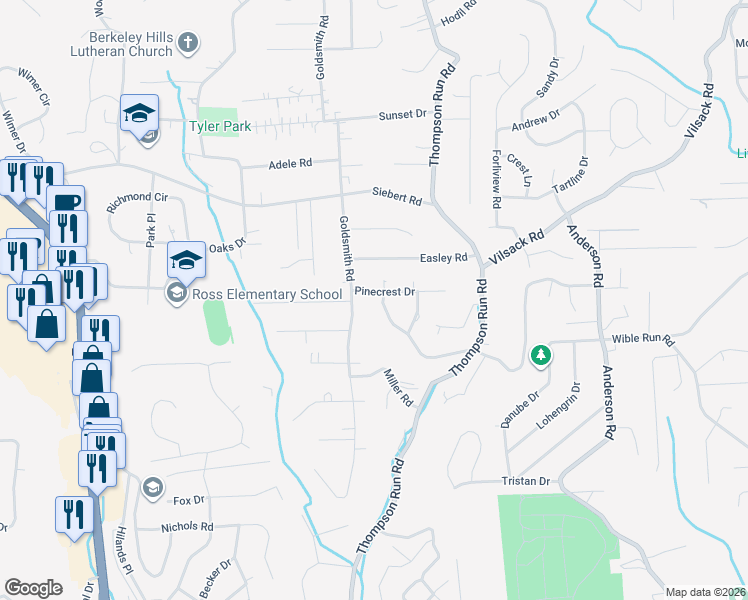 map of restaurants, bars, coffee shops, grocery stores, and more near 344 Goldsmith Road in Pittsburgh