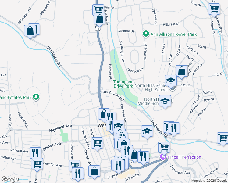 map of restaurants, bars, coffee shops, grocery stores, and more near 20 Rochester Road in Pittsburgh