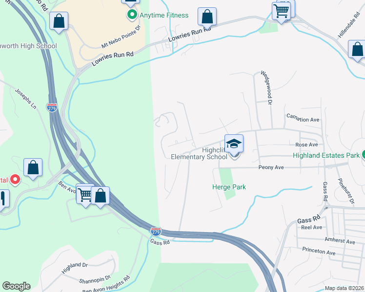 map of restaurants, bars, coffee shops, grocery stores, and more near 98 Valley Hi Drive in Pittsburgh