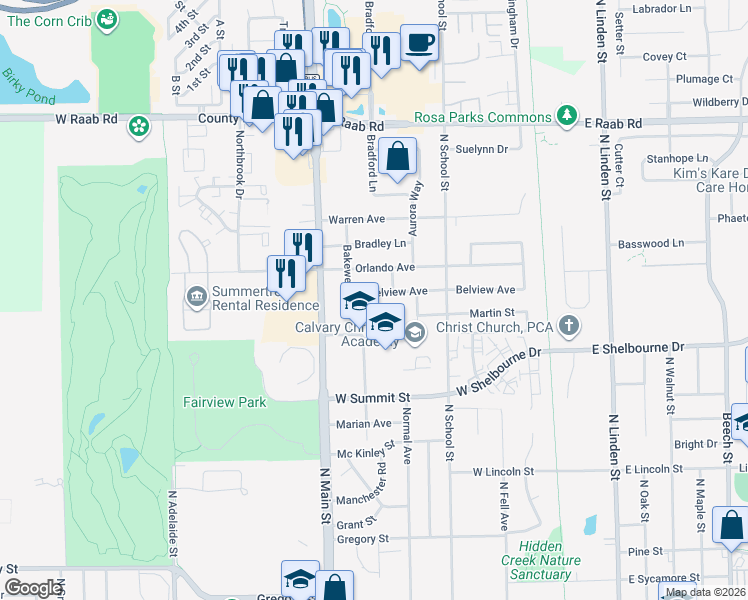map of restaurants, bars, coffee shops, grocery stores, and more near 416 Fairview Street in Normal