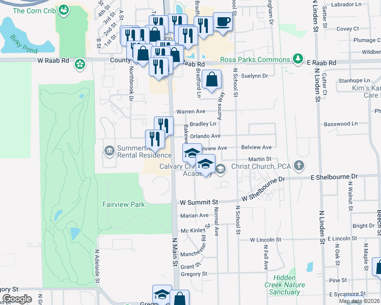 map of restaurants, bars, coffee shops, grocery stores, and more near 416 Fairview Street in Normal