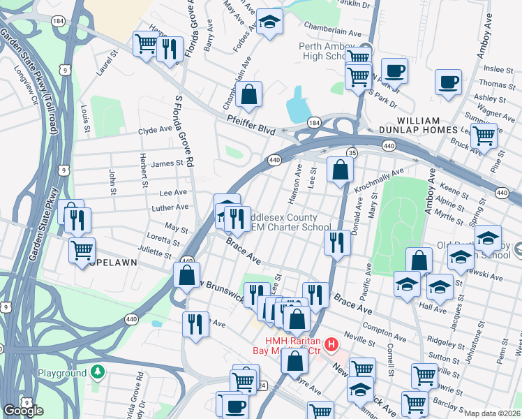 map of restaurants, bars, coffee shops, grocery stores, and more near 648 Colgate Avenue in Perth Amboy