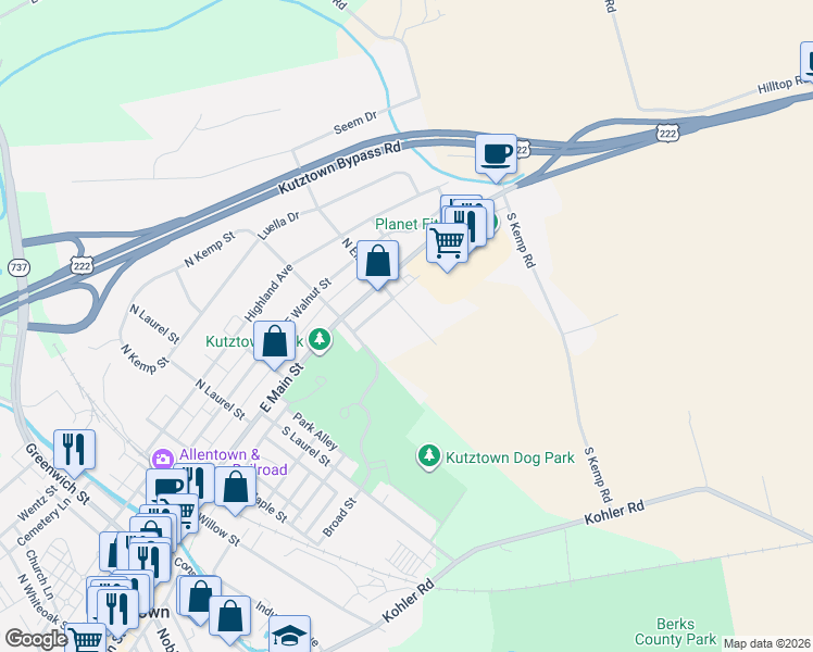 map of restaurants, bars, coffee shops, grocery stores, and more near 40 South Elm Street in Kutztown