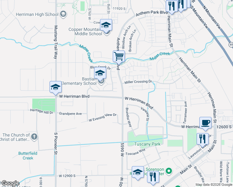 map of restaurants, bars, coffee shops, grocery stores, and more near 5637 West Santa Elena Cove in Herriman