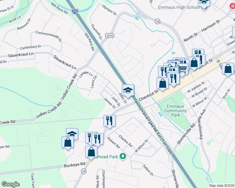 map of restaurants, bars, coffee shops, grocery stores, and more near 3799 John Street in Emmaus
