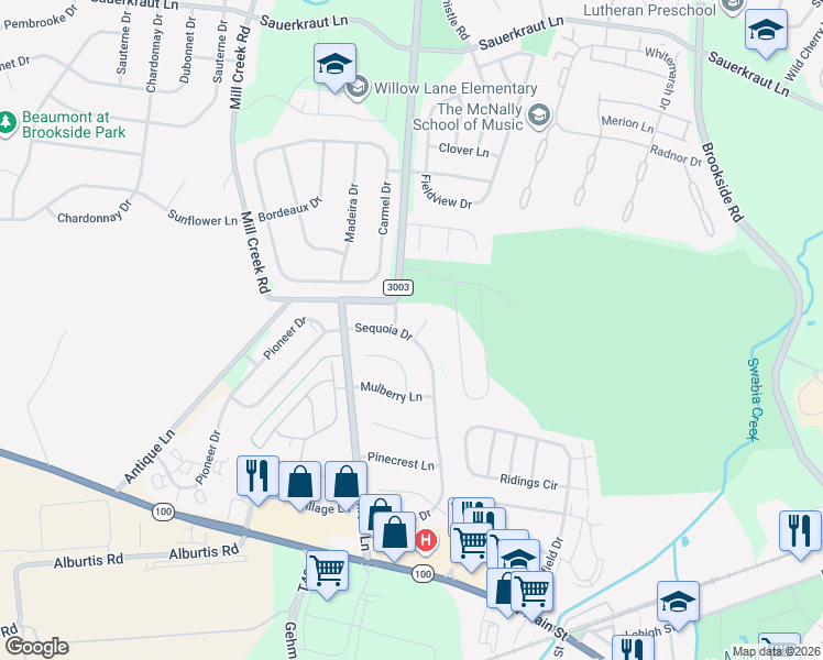 map of restaurants, bars, coffee shops, grocery stores, and more near 2980 Sequoia Drive in Macungie