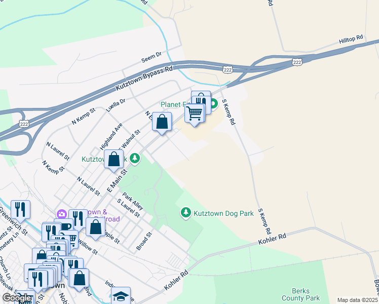 map of restaurants, bars, coffee shops, grocery stores, and more near 80 South Elm Street in Kutztown