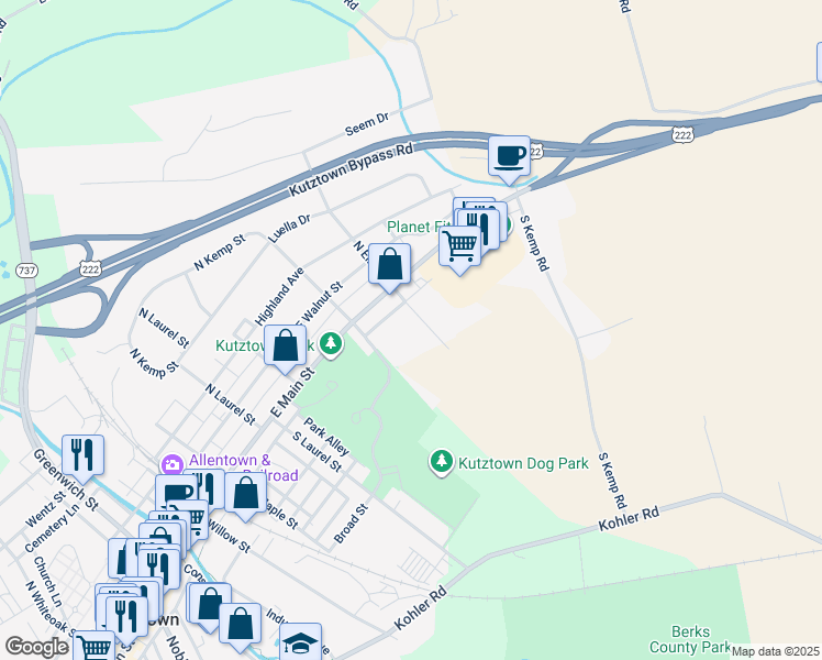 map of restaurants, bars, coffee shops, grocery stores, and more near 43 South Elm Street in Kutztown