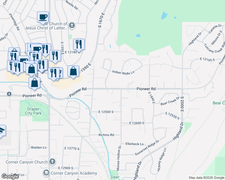 map of restaurants, bars, coffee shops, grocery stores, and more near 1678 Pioneer Road in Draper