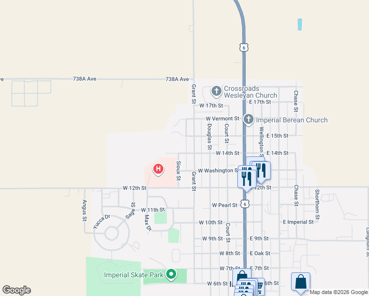 map of restaurants, bars, coffee shops, grocery stores, and more near Sioux Street in Imperial