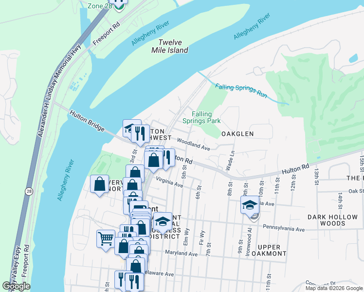 map of restaurants, bars, coffee shops, grocery stores, and more near 403 Hulton Road in Oakmont