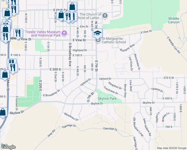 map of restaurants, bars, coffee shops, grocery stores, and more near 243 6th Street in Tooele