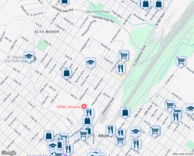 map of restaurants, bars, coffee shops, grocery stores, and more near 208-10 Walnut Avenue in Altoona