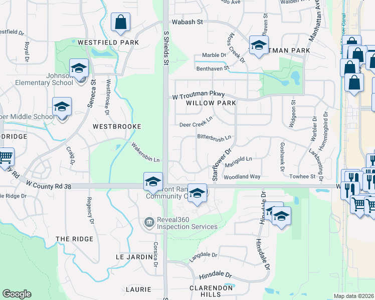 map of restaurants, bars, coffee shops, grocery stores, and more near 1037 Bitterbrush Lane in Fort Collins