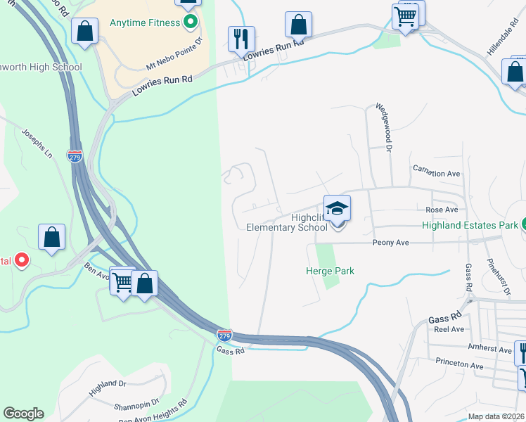map of restaurants, bars, coffee shops, grocery stores, and more near 98 Valley Hi Drive in Pittsburgh
