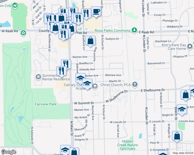 map of restaurants, bars, coffee shops, grocery stores, and more near 302 Martin Street in Normal
