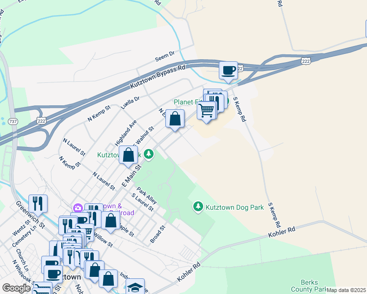 map of restaurants, bars, coffee shops, grocery stores, and more near 41 South Elm Street in Kutztown