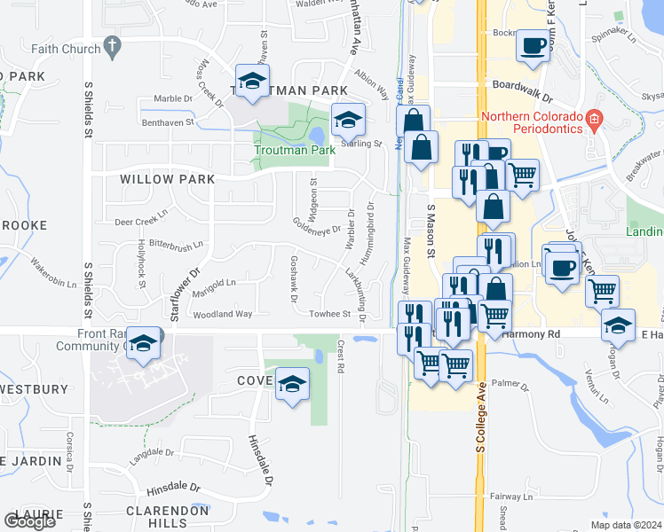 map of restaurants, bars, coffee shops, grocery stores, and more near 419 Larkbunting Drive in Fort Collins
