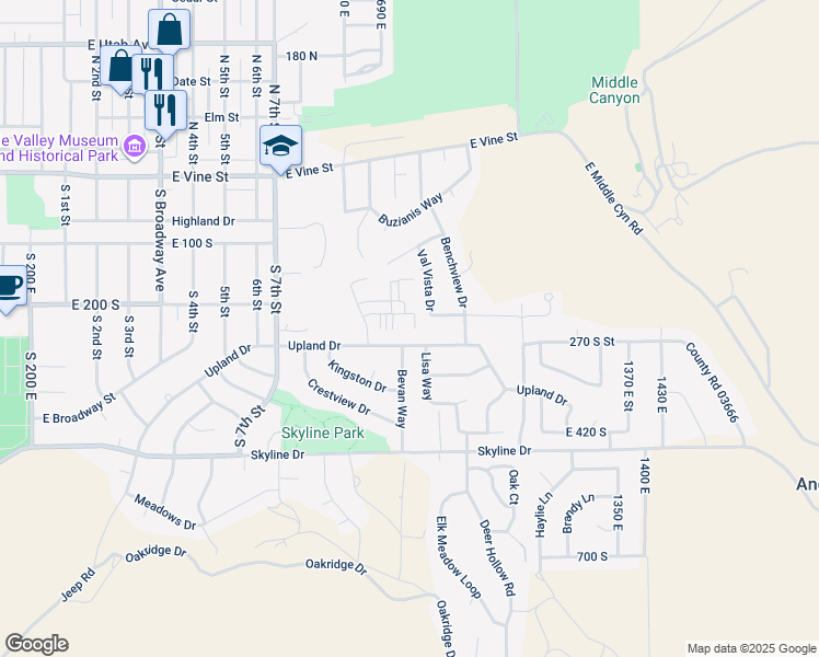map of restaurants, bars, coffee shops, grocery stores, and more near 11 Benchmark Village in Tooele