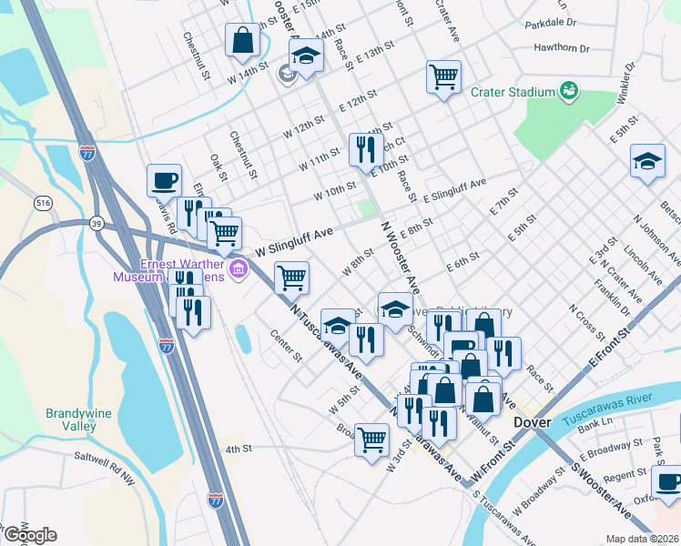 map of restaurants, bars, coffee shops, grocery stores, and more near 730 North Walnut Street in Dover