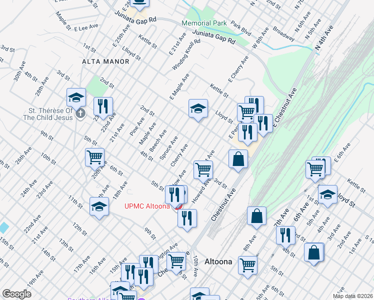 map of restaurants, bars, coffee shops, grocery stores, and more near 1528 3rd Street in Altoona