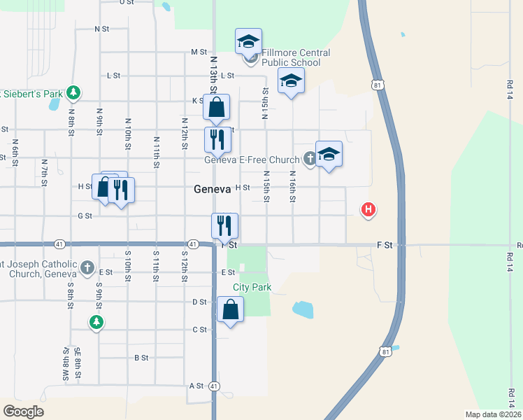 map of restaurants, bars, coffee shops, grocery stores, and more near 1437 G Street in Geneva