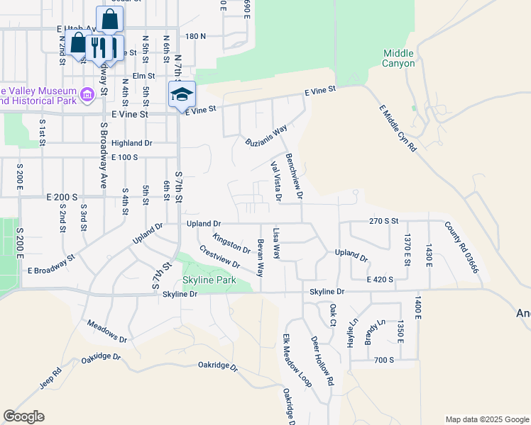map of restaurants, bars, coffee shops, grocery stores, and more near 11 Benchmark Village in Tooele