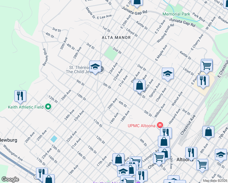 map of restaurants, bars, coffee shops, grocery stores, and more near 514 21st Ave in Altoona