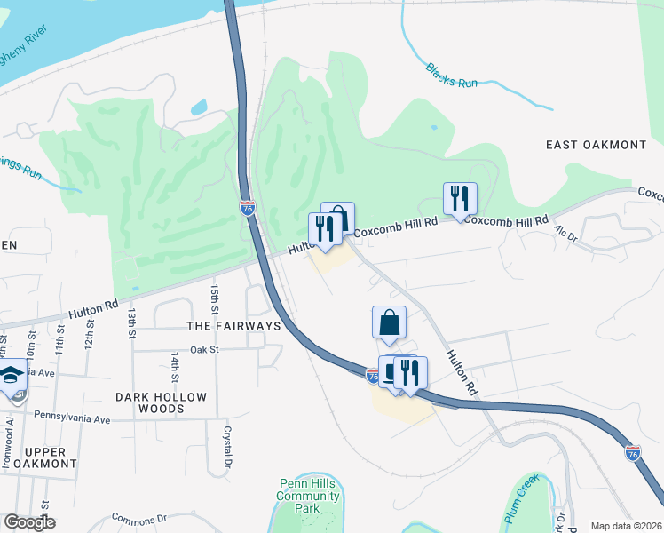 map of restaurants, bars, coffee shops, grocery stores, and more near 2159 Hulton Road in Verona
