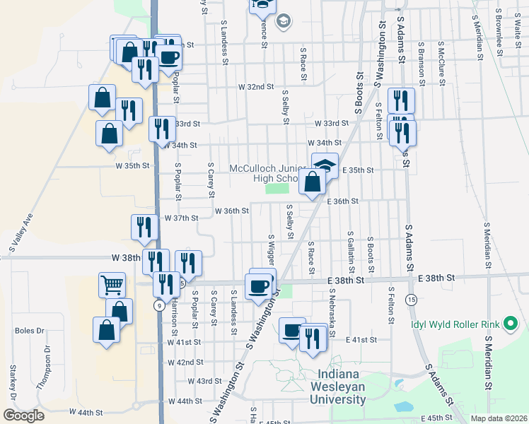 map of restaurants, bars, coffee shops, grocery stores, and more near 3617 South Wigger Street in Marion