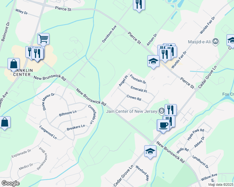 map of restaurants, bars, coffee shops, grocery stores, and more near 7 Crown Road in Franklin Township