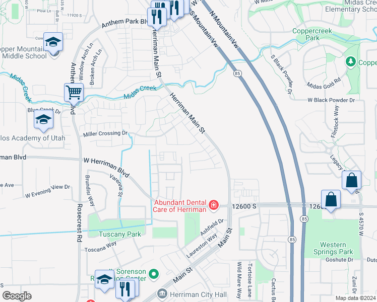 map of restaurants, bars, coffee shops, grocery stores, and more near 5152 West Tessitura Way in Herriman