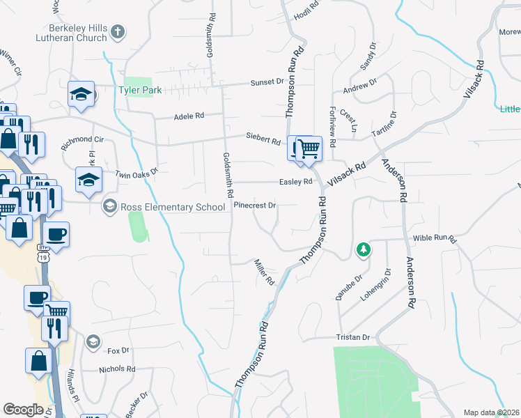 map of restaurants, bars, coffee shops, grocery stores, and more near 117 Sunnyhill Drive in Pittsburgh