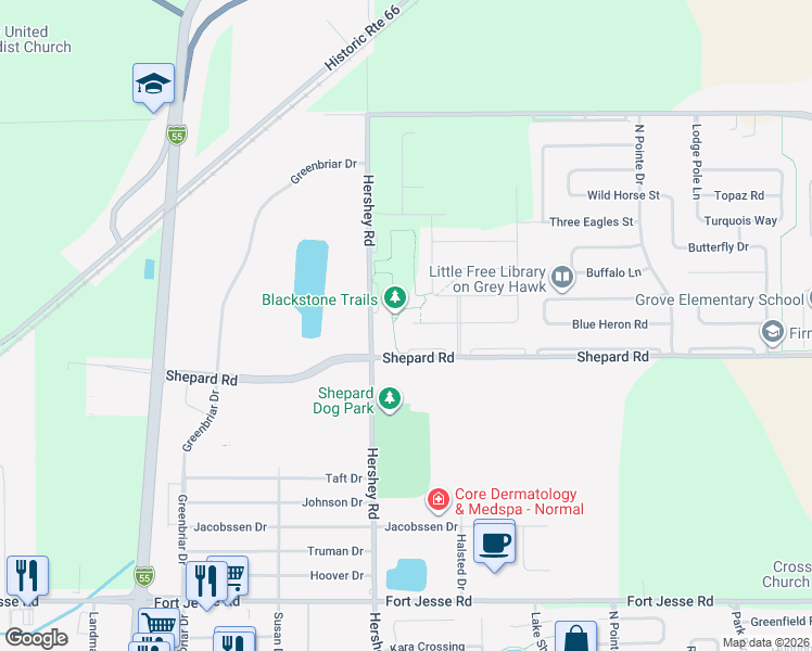 map of restaurants, bars, coffee shops, grocery stores, and more near 2412 Shepard Road in Normal