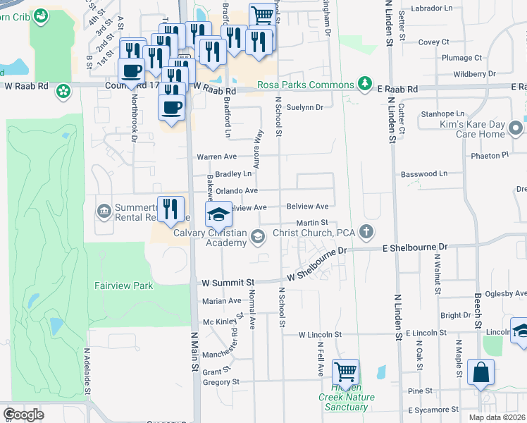 map of restaurants, bars, coffee shops, grocery stores, and more near 302 Martin Street in Normal
