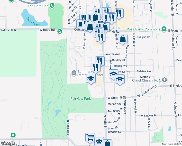 map of restaurants, bars, coffee shops, grocery stores, and more near 625 Orlando Avenue in Normal