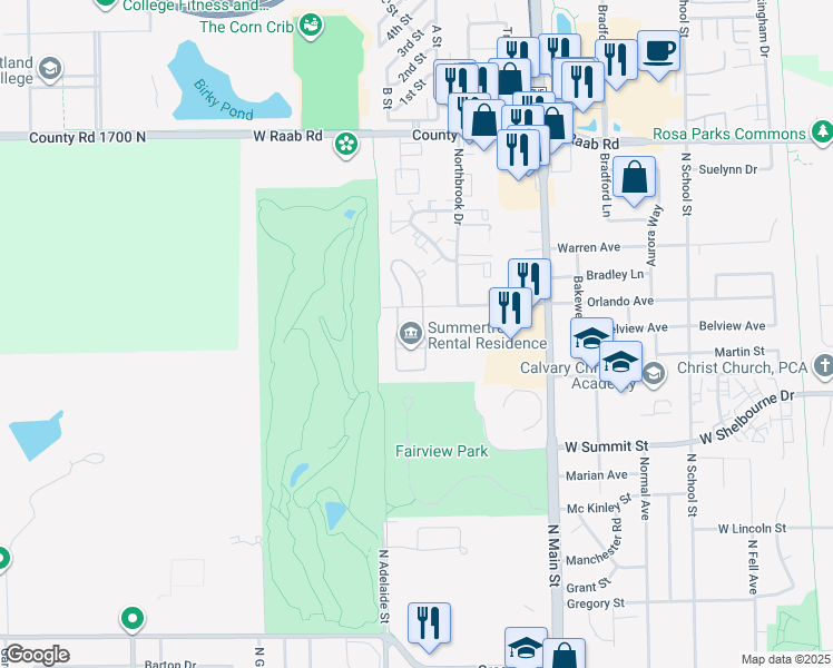 map of restaurants, bars, coffee shops, grocery stores, and more near 719 Orlando Avenue in Normal